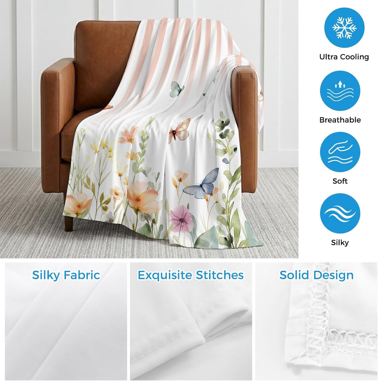 Cooling Blanket for Hot Sleepers Watercolor Butterfly Lightweight Breathable Double Sided Summer Blanket Floral Leaves Pink Strips Cooling Throw Blanket for Couch Bed Night Sweats 30"x40"