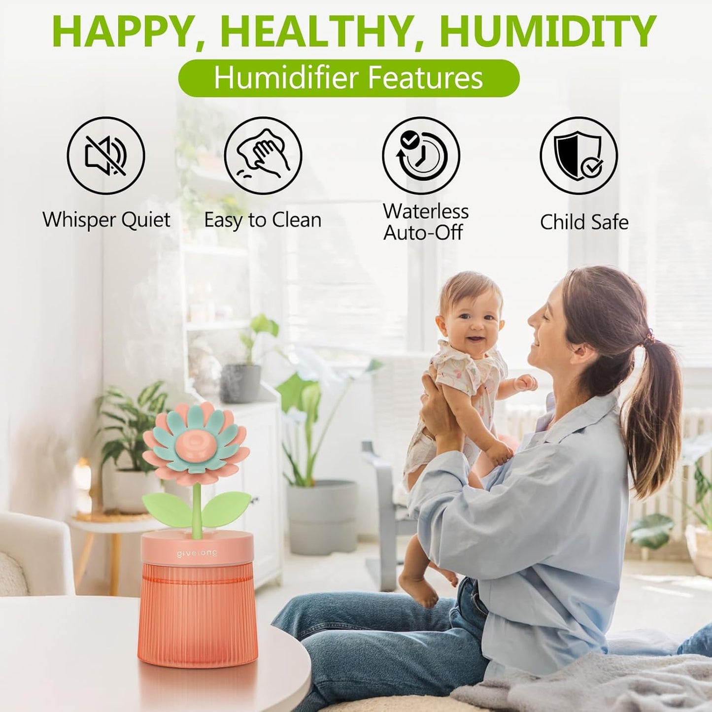 260ml Flower Mini Humidifier, Pink Sunflower Desktop Small Humidifiers, Personal Cool Mist Humidification, USB Desk Humidifier for Bedroom, Office, Travel & Indoor Plants