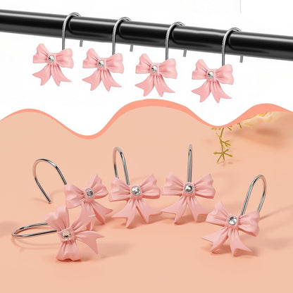 12 Pcs Pink Bow Shower Curtain Hooks, Pink Shower Curtain Hooks for Bathroom and Bedroom Decoration, Cute and Rustproof, Girls Bathroom Decor
