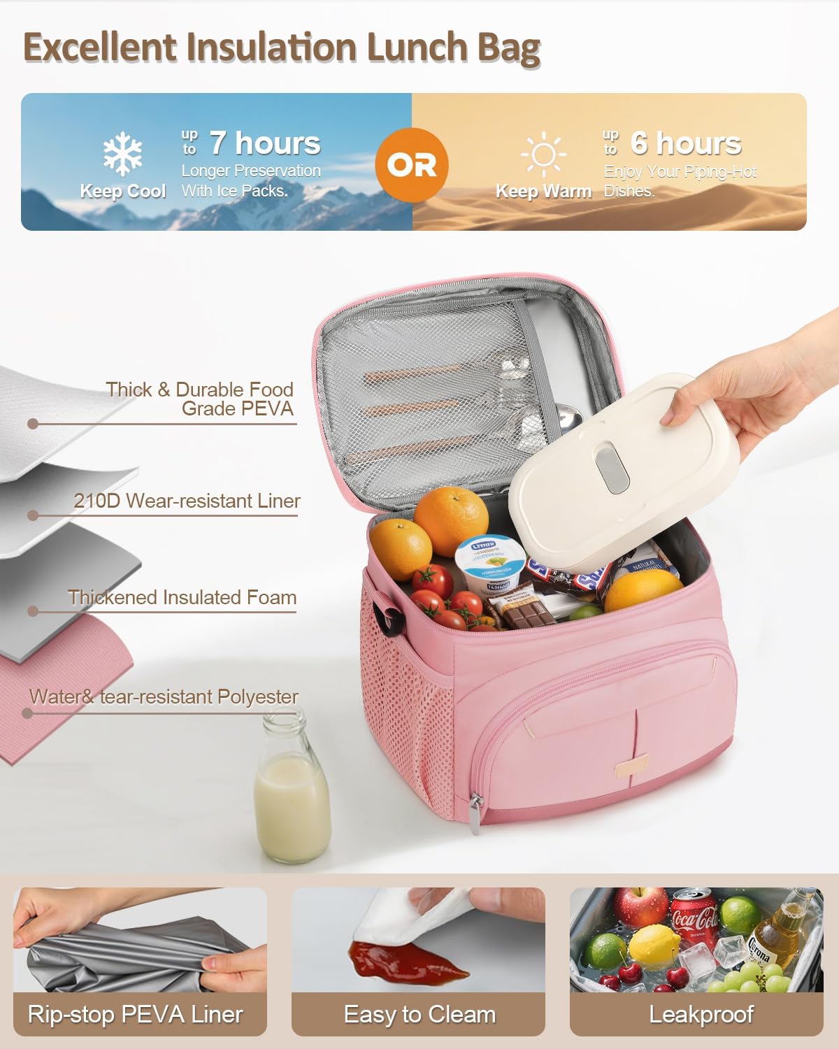 Pritent Lunch Box for Man Women, Insulated Lunch Bag Cooler Bag Leakproof Lunchbox Lunch Tote Bags with Removable Strap for Work School Picnic Travel (Pink/12L