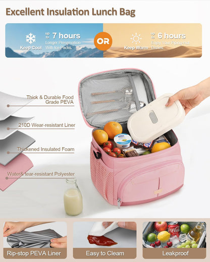 Pritent Lunch Box for Man Women, Insulated Lunch Bag Cooler Bag Leakproof Lunchbox Lunch Tote Bags with Removable Strap for Work School Picnic Travel (Pink/12L