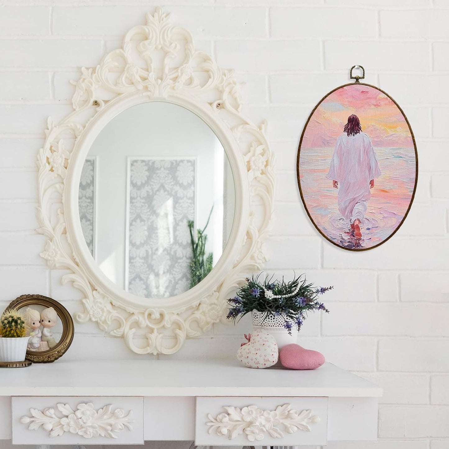 FDHSPAAM Jesus Walking on Water Christian Oval Wall Art Decor Framed 8.7 x 11.4 Inches, Pastel Pink Religious Jesus Poster Prints Hanging Wall Decor for Home Bedroom Church
