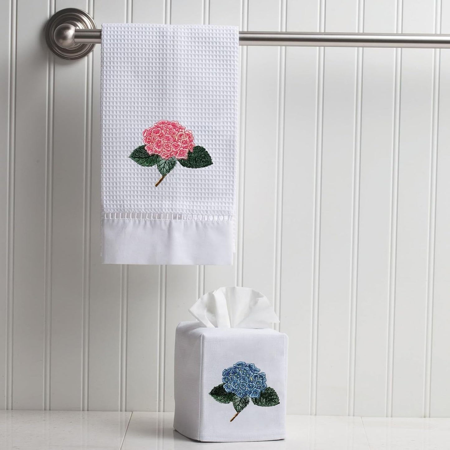 Jacaranda Living Square Tissue Box Cover, Linen/Cotton Fabric Tissue Holder, Decorative Cloth Tissue Cube Cover, Botanical Designs, Hydrangea Too (Light Pink)