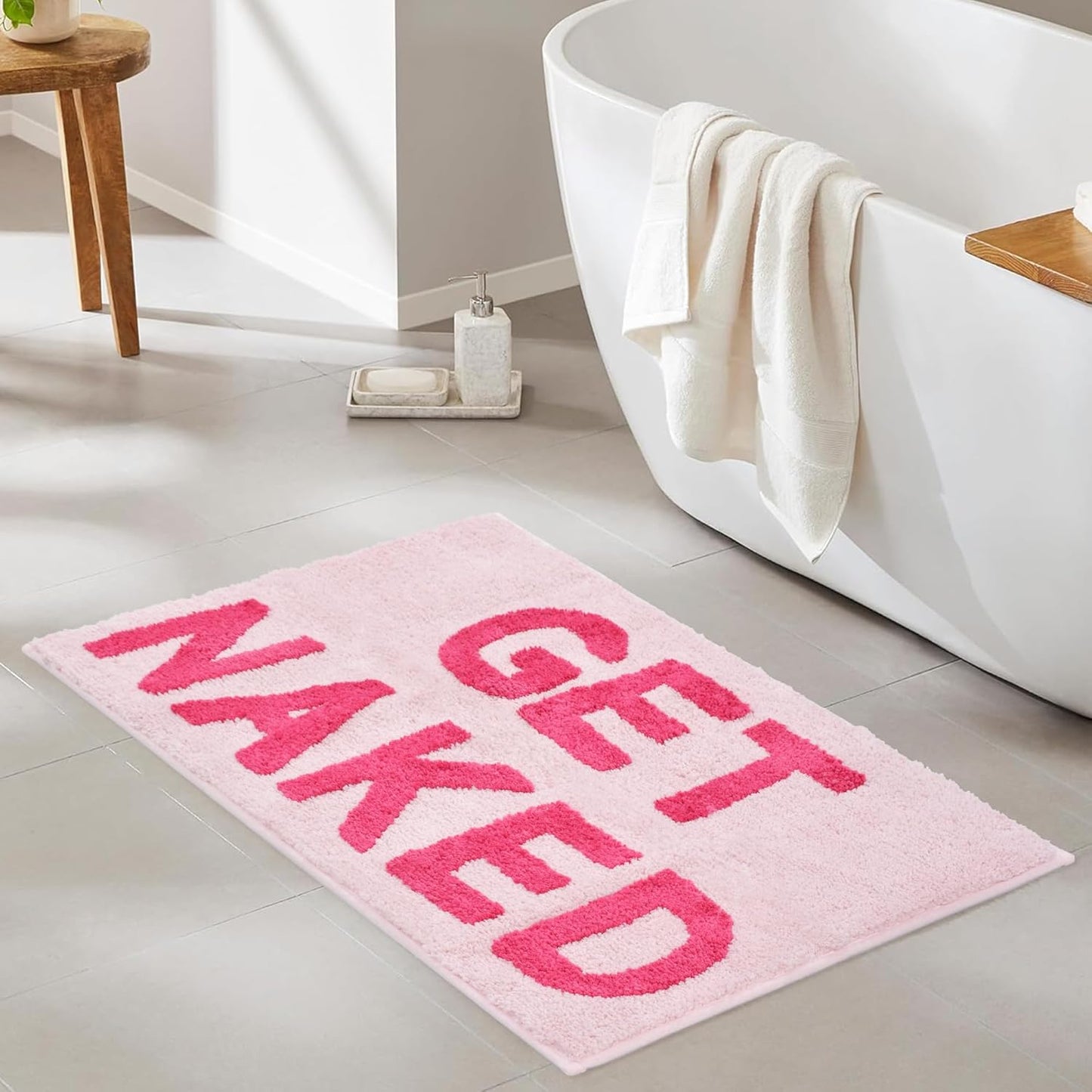 Zeeinx Get Naked Bath Mat Cute Bathroom Rugs Non Slip Microfiber Bath Rugs Funny Bathroom Decor Machine Washable Pink Bath mat for Tub and Shower,16”x24”