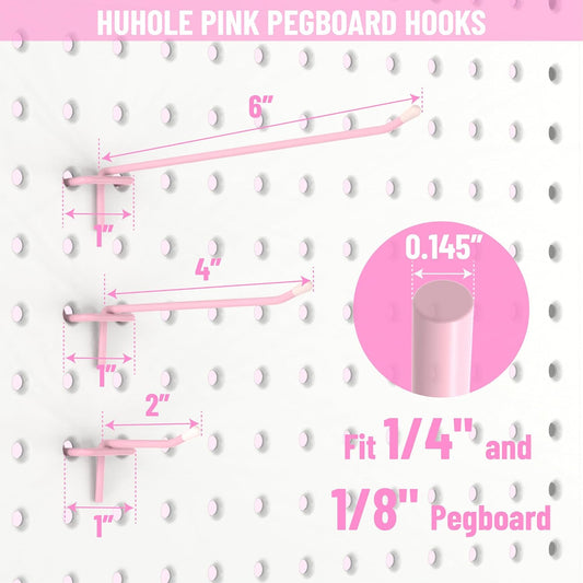 HUHOLE 50 Pack 2 Inch Pink Pegboard Hooks with Rubber Tips | Fits 1/8 and 1/4 Inch Pegboards, 20 lb Capacity Metal Hangers for Craft Room, Nursery, Garage and Retail Display