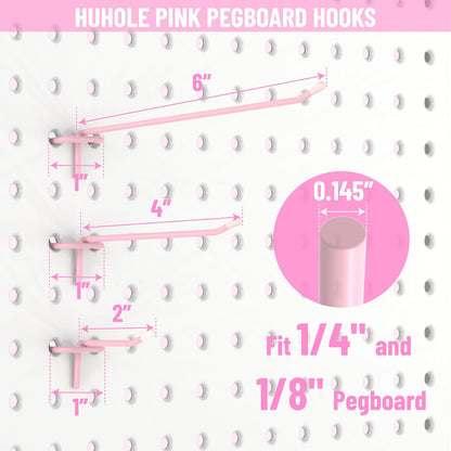 HUHOLE 50 Pack 4 Inch Pink Pegboard Hooks with Rubber Tips | Fits 1/8 and 1/4 Inch Pegboards, 20 lb Capacity Metal Hangers for Craft Room, Nursery, Garage and Retail Display