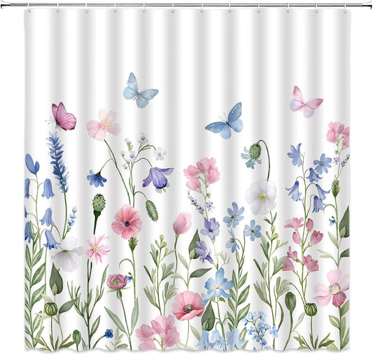 Watercolor Floral Shower Curtain Spring Pink Blue Flower Wildflower Butterfly Plants Fabric for Bathroom Decor Bathtub with Hooks (70" WX70 H)