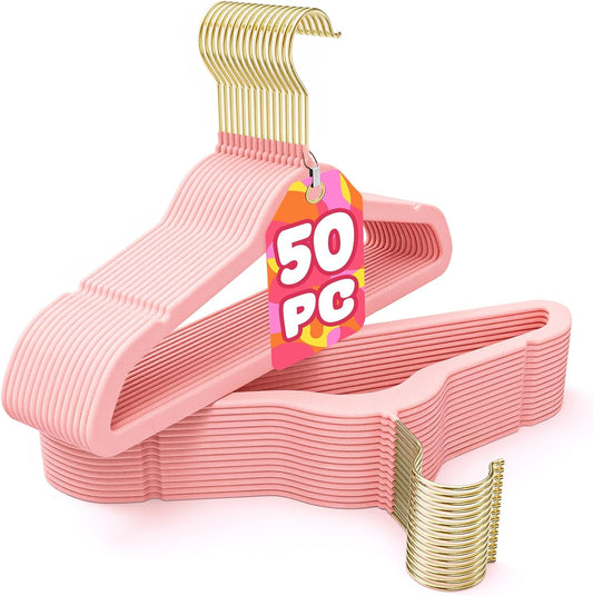 Korpai 50 Pack Kids Velvet Hangers 14 Inch, Non-Slip, Ultra Slim,Space-Saving Kids Hangers with 360° Swivel Hook, 7LBS Capacity, Kids Clothes Hangers Ideal for Childrens' Dresses/Shirts/Coats,Pink