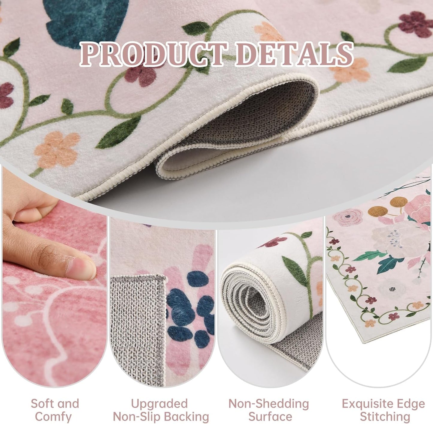 Rugs for Bedroom 5x7 Pink Boho Floral Washable Soft Area Rug for Living Room Dining Room Office Carpet