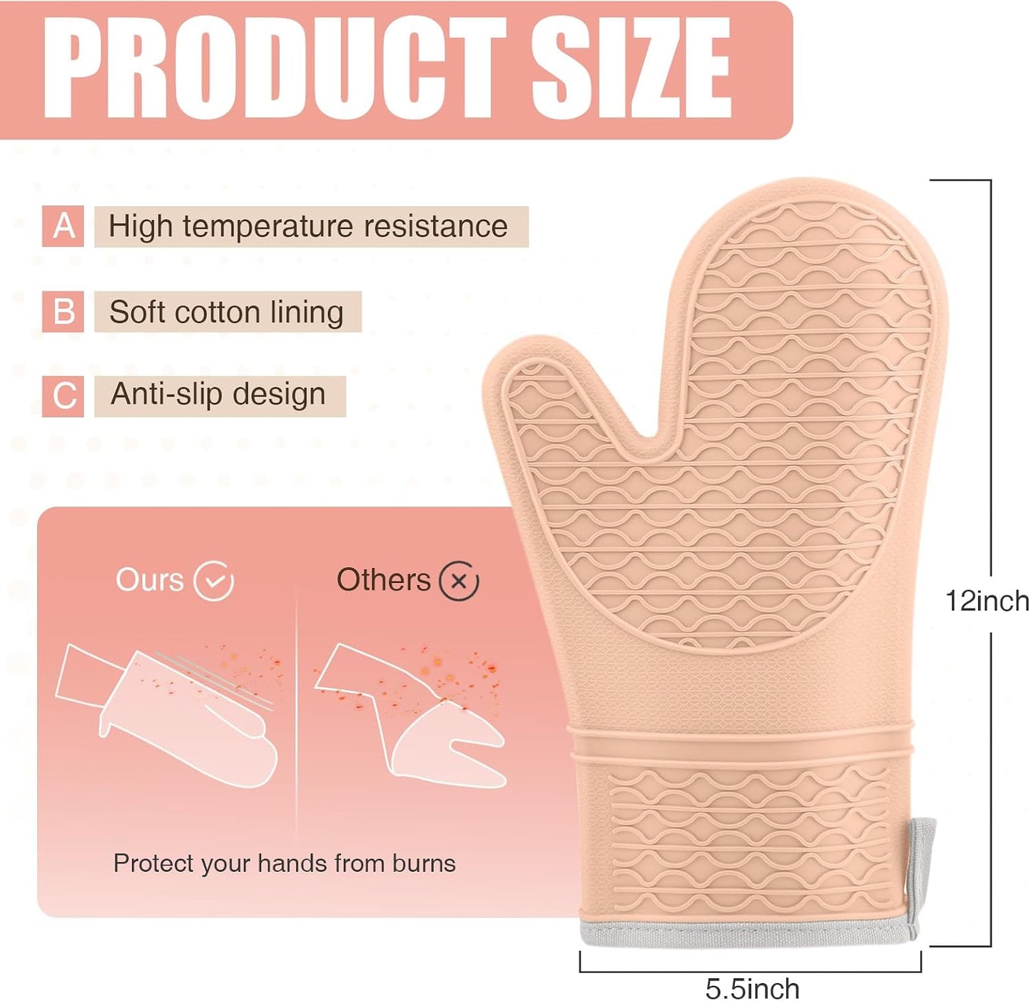 Silicone Oven Mitts, Heat Resistant 2PCS Oven Mitts with Soft Cotton Lining, Waterproof Non-Slip Grip Oven Glove, Kitchen Potholder Mits for BBQ, Baking, Cooking, 12.5 Inch - Pink