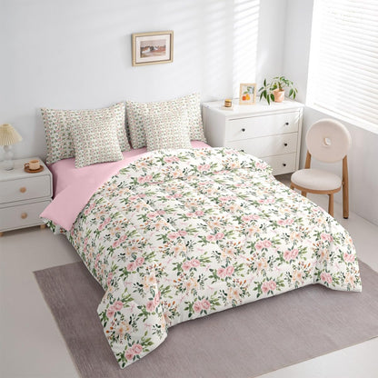 Erosebridal Flower 7 Piece Bedding Set Twin Rose Comforter Set with Sheets Peach Blossom Kawaii Ribbon Bow Bed in a Bag Princess Girly Leaves Floral Theme for Kids Girls Women