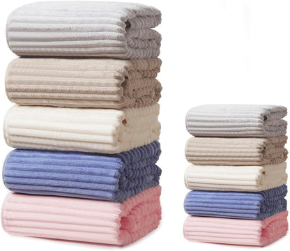 10 PCS Rainbow Coral Fleece Towels Set - Super Absorbent,Extra Large Size, Cost-Effective(Milk White, Deep Blue, Coffee, Pink, Gray)