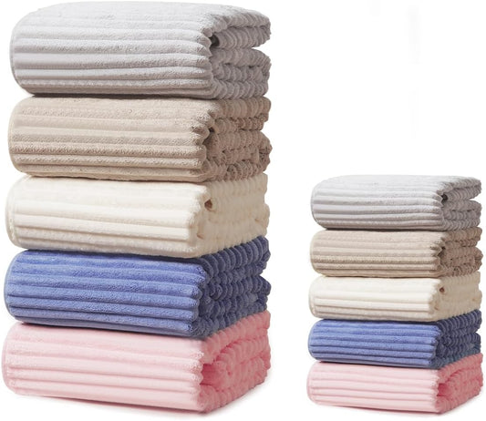 10 PCS Rainbow Coral Fleece Towels Set - Super Absorbent,Extra Large Size, Cost-Effective(Milk White, Deep Blue, Coffee, Pink, Gray)