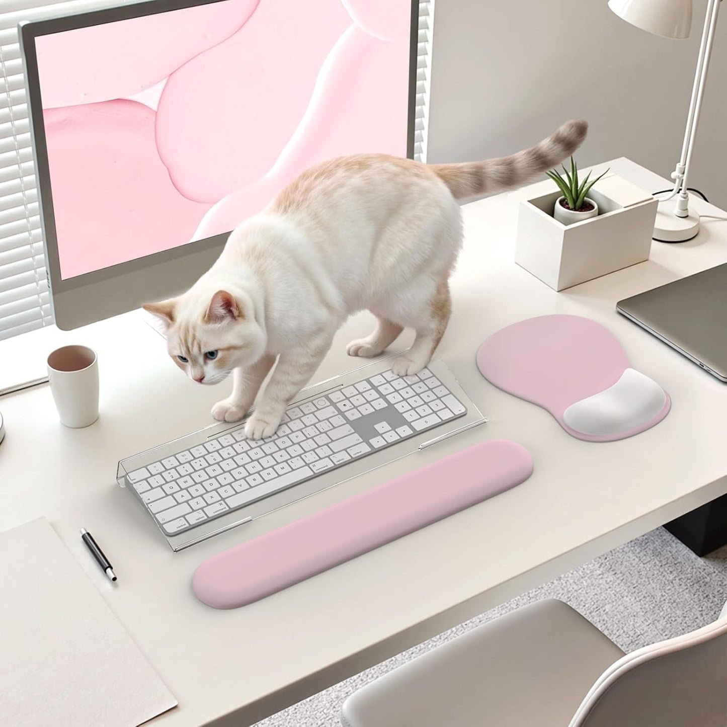iCasso Keyboard Wrist Rest, Blush Pink Ergonomic Mouse Pad with Wrist Support,Acrylic Clear Keyboard Stand for Desktop,Non-Slip Mousepad Set for Office Home Gaming