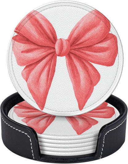 Watercolor Cute Bow Light Red and Pink Premium Leather Coasters, Set of 6 with Holder, Stylish Beverage Coasters for Kitchen Coffee Bar