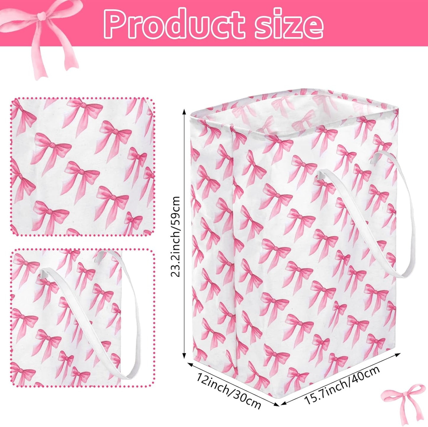 2 Pack Pink Bow Large Collapsible Laundry Baskets, Bow Laundry Hamper with Handle, Collapsible Clothes Hamper in Room, Waterproof Canvas Fabric Storage, Bathroom Decor Collapsible Clothes Hamper
