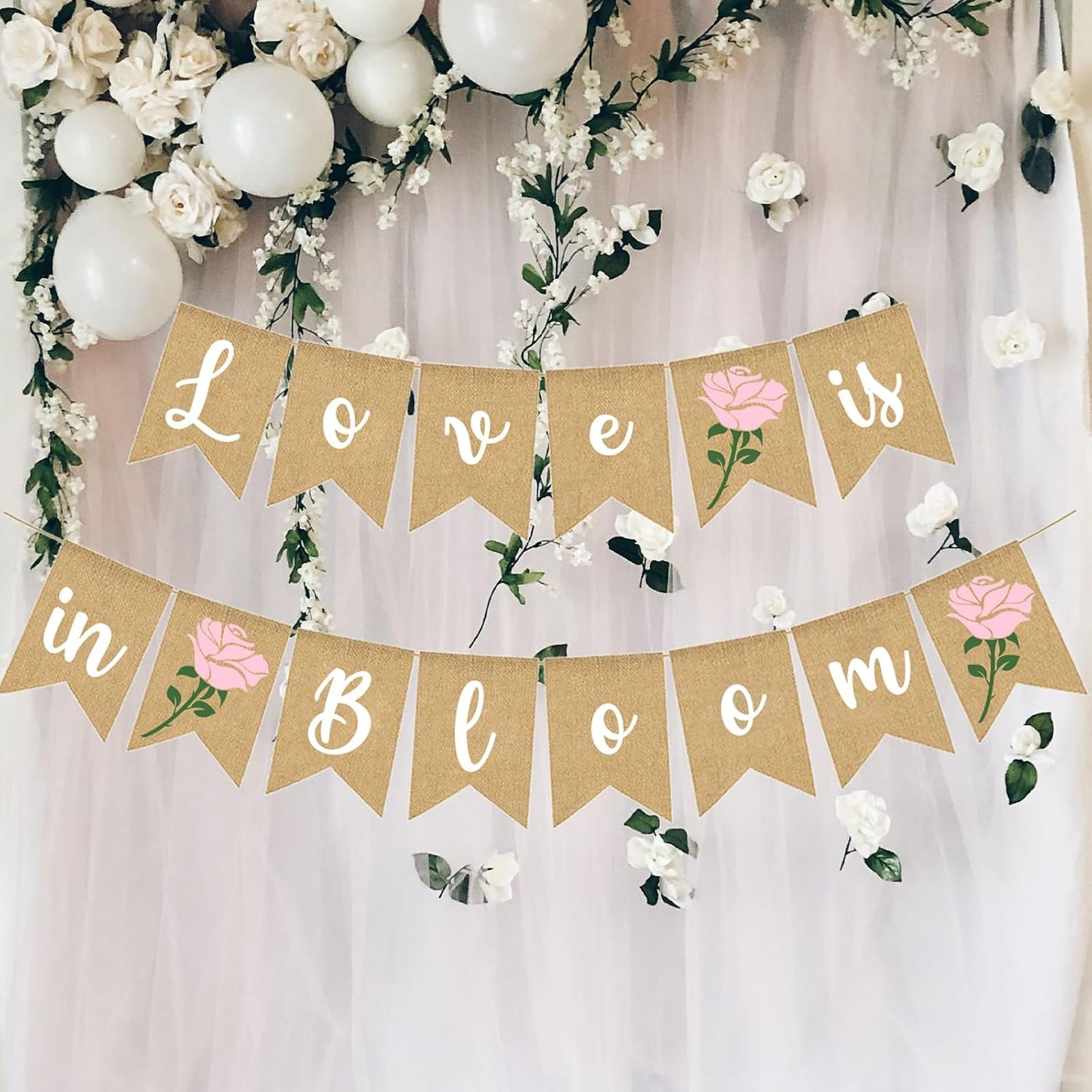 Love Is In Bloom Banner Floral Bridal Shower Decoration Flower Burlap Garlands Blooming Shower Supplies, pink