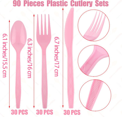 Kochorie 90 Pieces Pink Plastic Cutlery Set Disposable Plastic Utensils Heavy Duty Flatware Set Includes 30 Knives 30 Forks 30 Spoons for Party Wedding Birthday