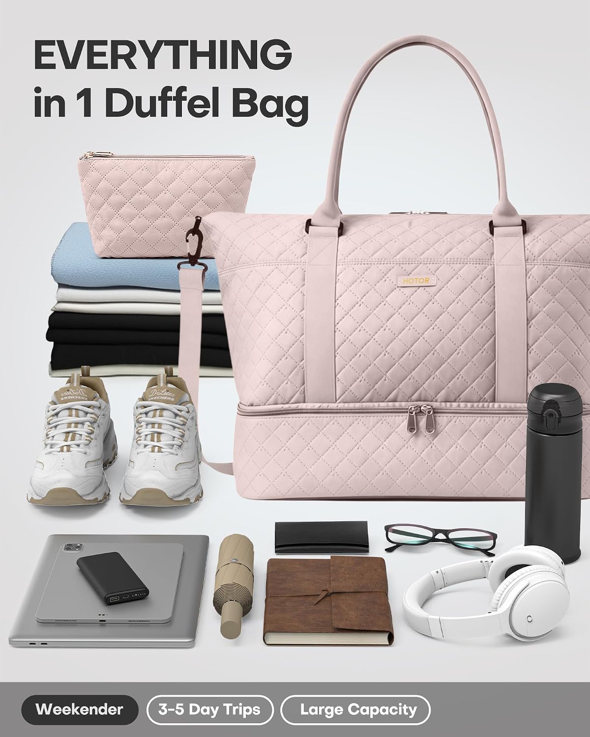 HOTOR Travel Duffel Bag - Weekender Bags for Women, Gym Tote Bags with Shoe Compartment, Carry On Overnight Bag with Toiletry Bag for Travel Essentials and Travel Accessories, Pink, 13.4"×17.3"×7.9"