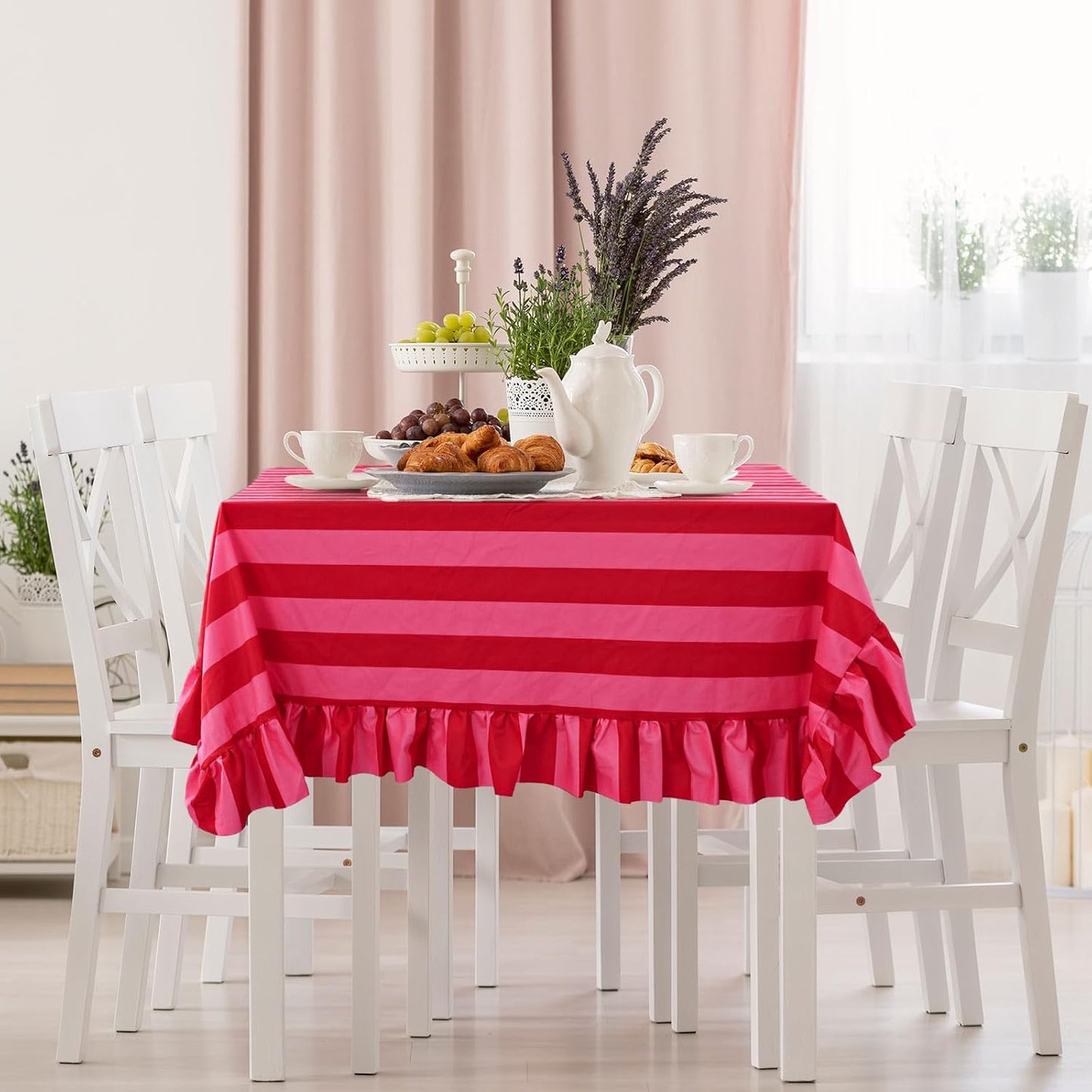 JarThenaAMCS Ruffle Tablecloth Table Cloth Boho Pink Red Striped Rectangle Decorative Table Cover for Home Kitchen Baby Shower Party Wedding Decor, 60 x 120 Inch
