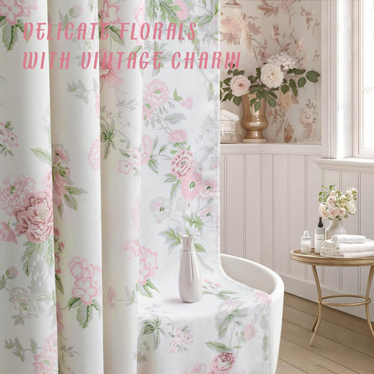 Pink and Sage Green Floral Vintage Shower Curtain,Cottage core Cotton Shower Curtains for Bathroom,72Wx72H