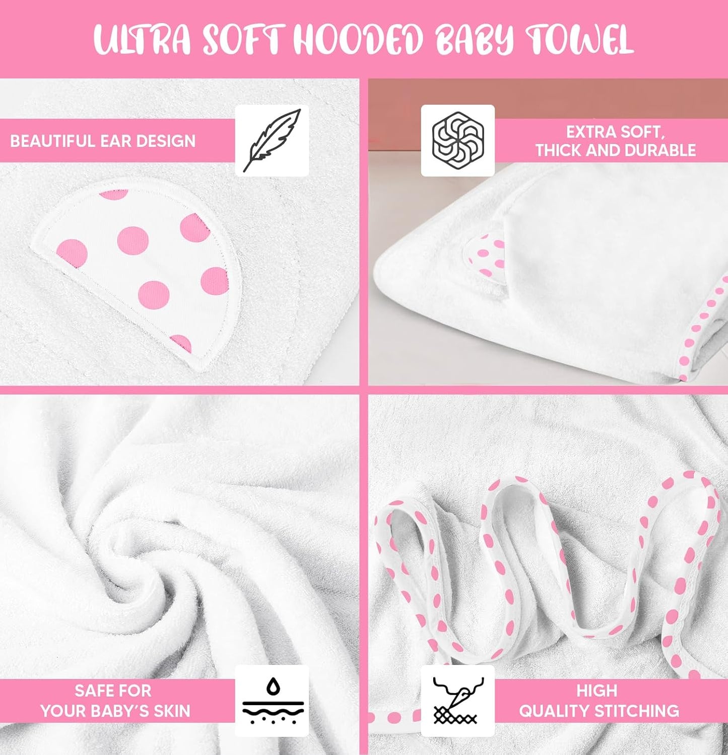 Set of 2 Hooded Baby Towels – White and Pink – Luxurious, Large and Super Absorbent – 30 x 30 Inch – Soft and Suitable for Infants, Toddlers and Kids – 400 GSM