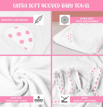 Set of 2 Hooded Baby Towels – White and Pink – Luxurious, Large and Super Absorbent – 30 x 30 Inch – Soft and Suitable for Infants, Toddlers and Kids – 400 GSM