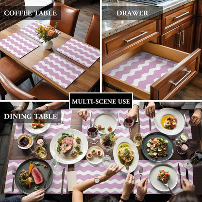 Pink and White Stripes Placemat Set of 6 Non-Slip Placemats for Dining Table Sea Wave Washable Table Mats, Heat Resistant Kitchen Table Mats for Party, Dining Room & Home Decor