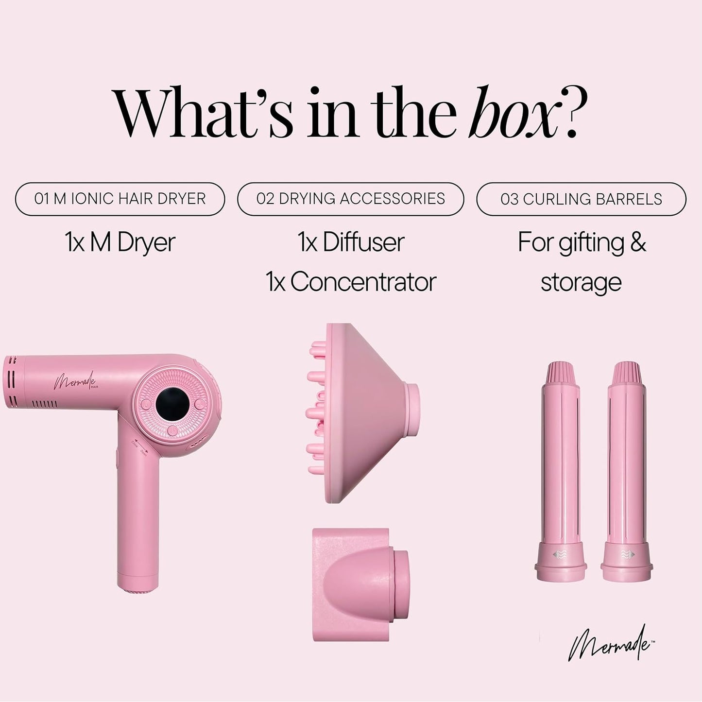 Mermade M Ionic Hair Dryer with Diffuser - Professional Blow Dryer for Curly Hair Styling, 4 Attachments to Curl, Dry, & Style, Salon Grade, Lightweight, Fast Drying, Adjustable Temperatures - Pink