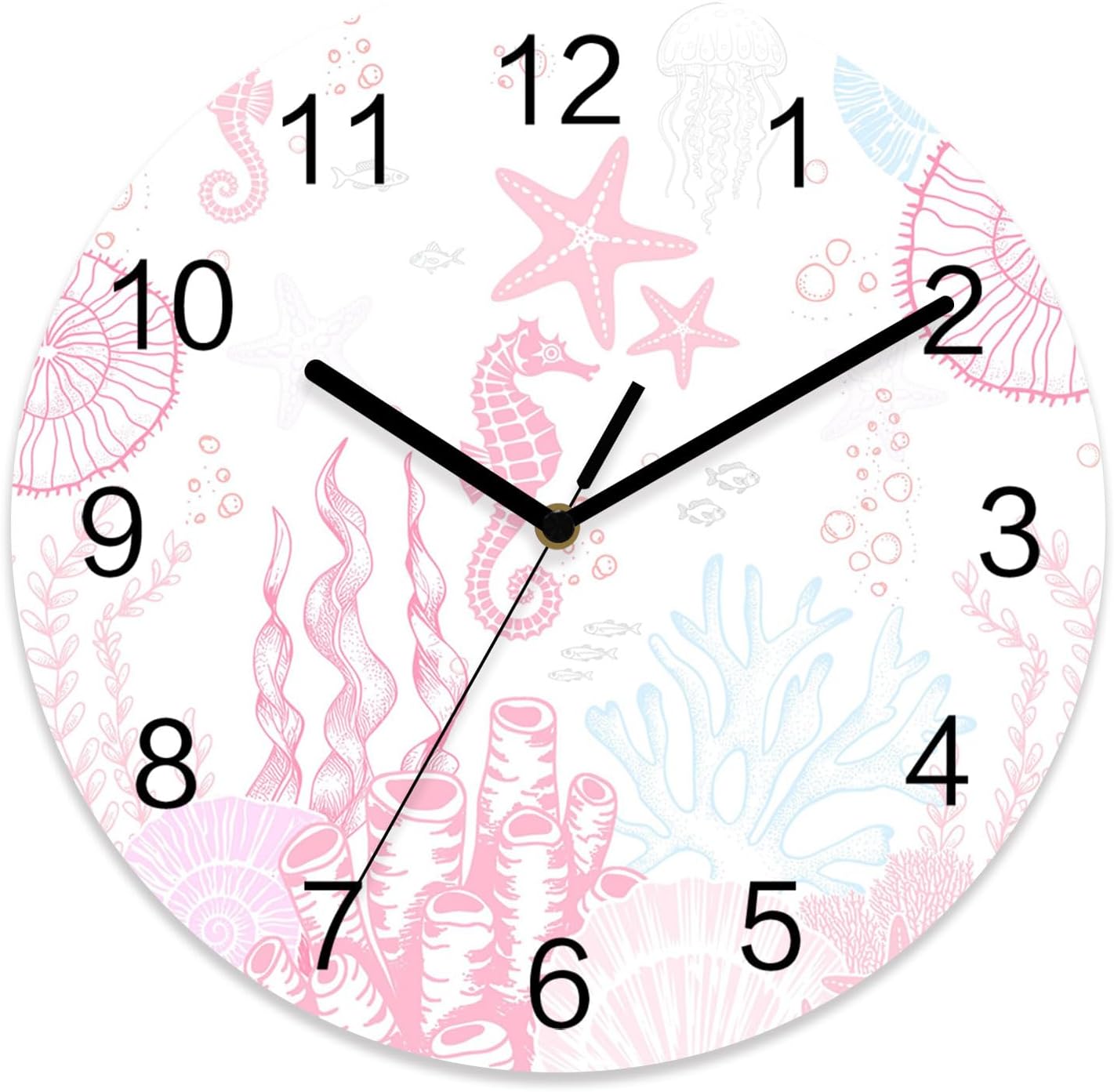 Ocean Wall Clock Battery Operated Non-Ticking 10" Round Wood Clocks, Seahorse Coral Shell Starfish Pink Kitchen Wall Clock for School Bathroom Living Room Home Office Wall Decor