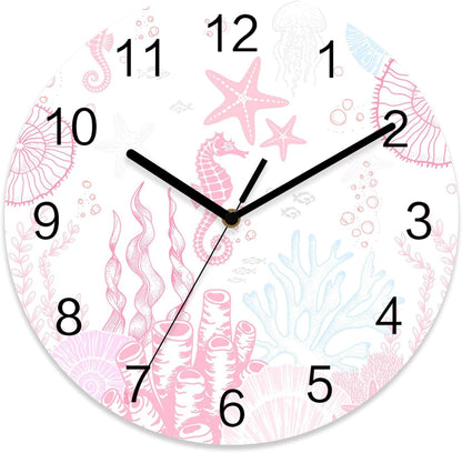 Ocean Wall Clock Battery Operated Non-Ticking 10" Round Wood Clocks, Seahorse Coral Shell Starfish Pink Kitchen Wall Clock for School Bathroom Living Room Home Office Wall Decor