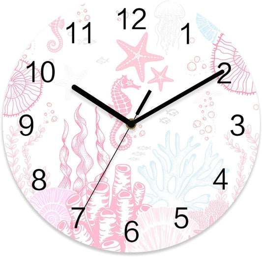 Ocean Wall Clock Battery Operated Non-Ticking 10" Round Wood Clocks, Seahorse Coral Shell Starfish Pink Kitchen Wall Clock for School Bathroom Living Room Home Office Wall Decor