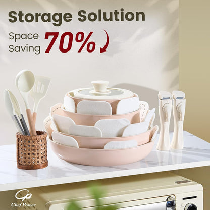 Chef Power Ceramic Nonstick Pots and Pans Set 19 Piece with Detachable Handle, Induction Dishwasher Oven Safe Cookware Set, RV Kitchen Set Removable Handle (Light Pink)