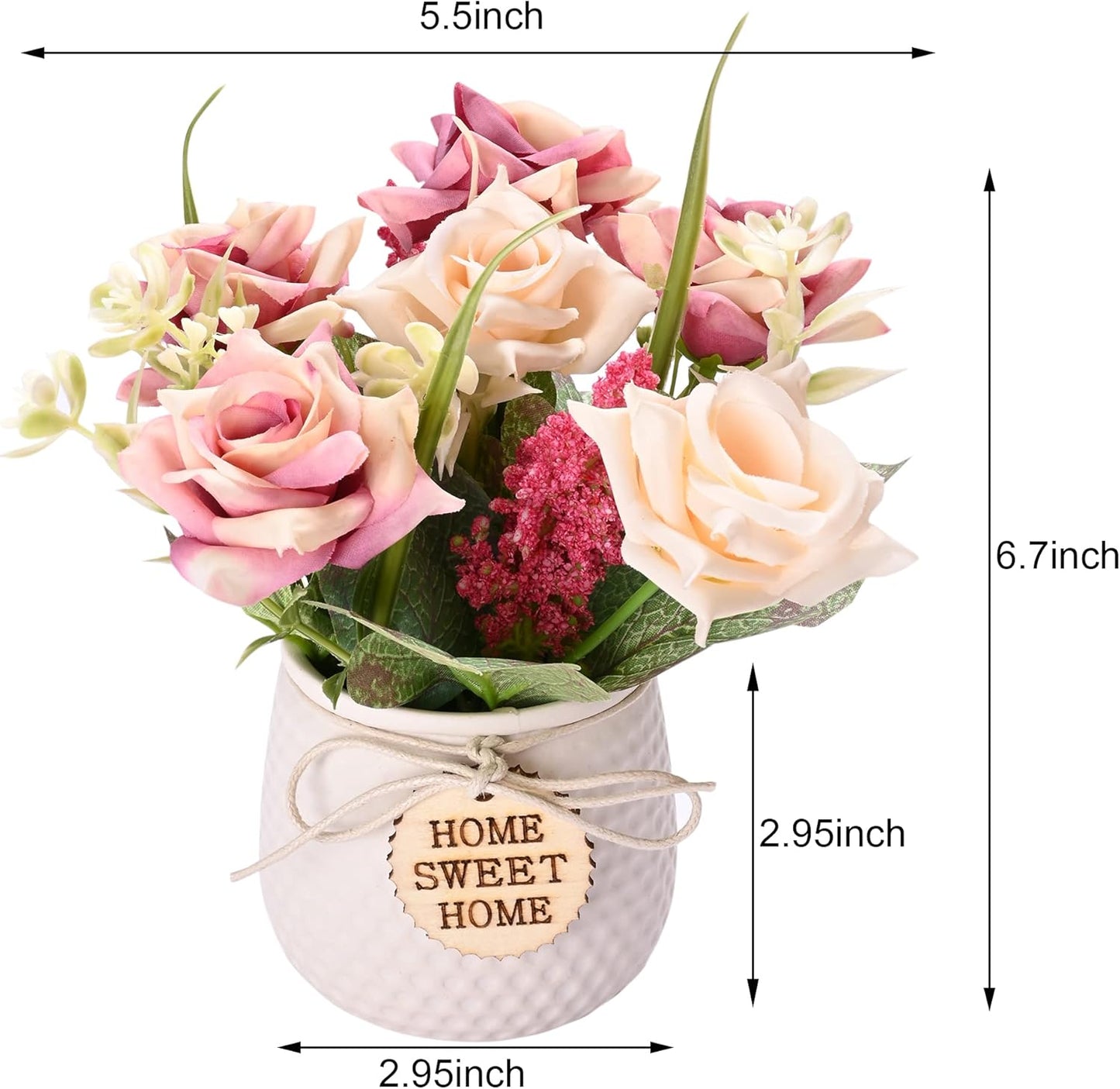 LUEUR Artificial Flowers with Vase, 2pcs Pink Silk Roses in Pot, Fake Flowers Decoration in Ceramics Vase Faux Floral Arrangement for Table Centerpieces Spring/Summer Decor Home Office Farmhouse