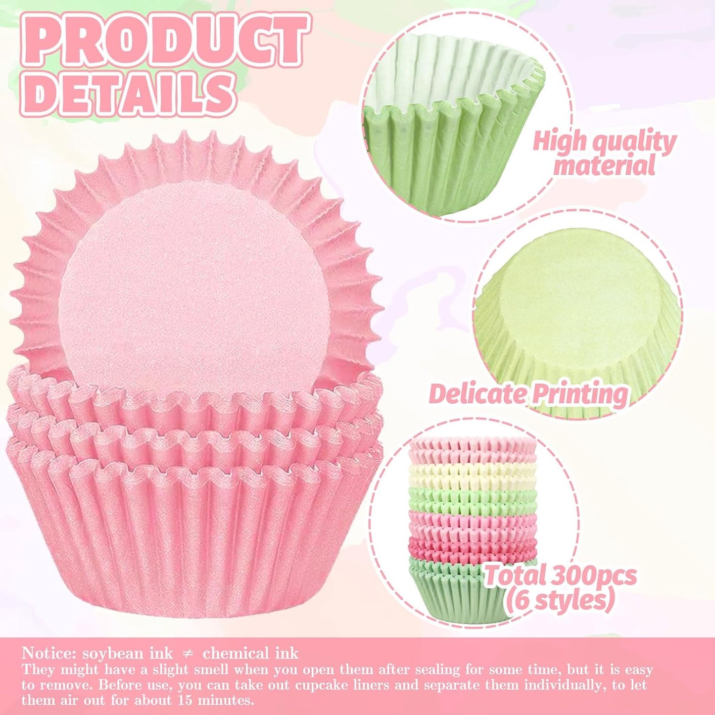 Whaline 300Pcs Pastel Colorful Cupcake Liners Paper Baking Cups Gradient Pink Green Standard Muffin Cupcake Wrappers for Spring Easter Wedding Baby Shower Birthday Party Supplies