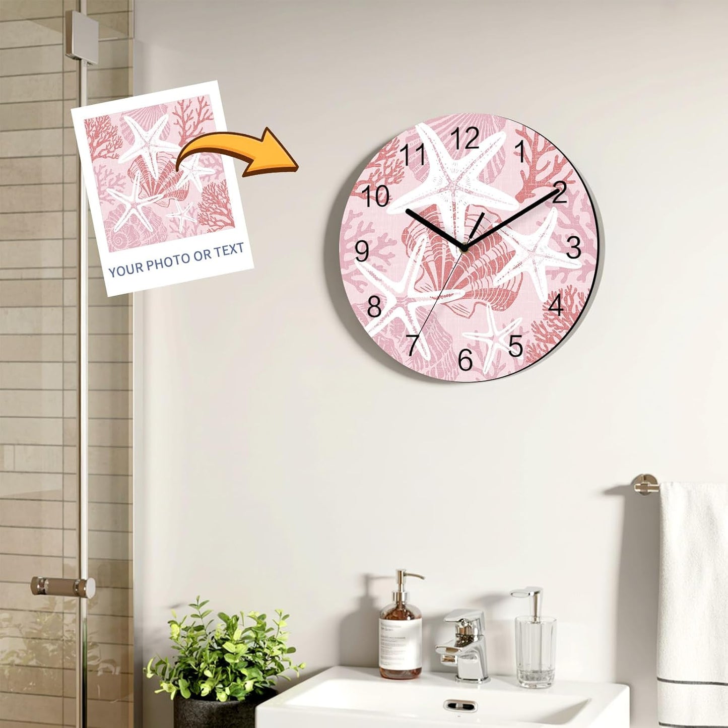 Starfish Wall Clock Battery Operated Non-Ticking 10" Round Wood Clocks, Coastal Starfish Sea Snail Coral Plaid Pink Kitchen Wall Clock for School Bathroom Living Room Home Office Wall Decor