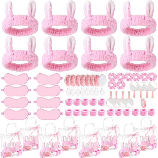 65 Pcs Pink Spa Party Supplies for Girls and Women with Gift Bags, Headband Eye Mask Mirrors Wristband Scrunchie Comb, Sleep Over Party Favors, Birthday Sleepover Slumber Day Essentials Kit