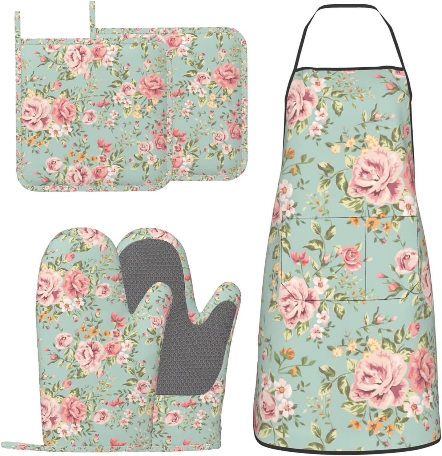 Oven Mitts and Pot Holders with Apron Set of 5 Silicone Kitchen Mitts Apron Pot Holder Set Oven Gloves Hot Holders