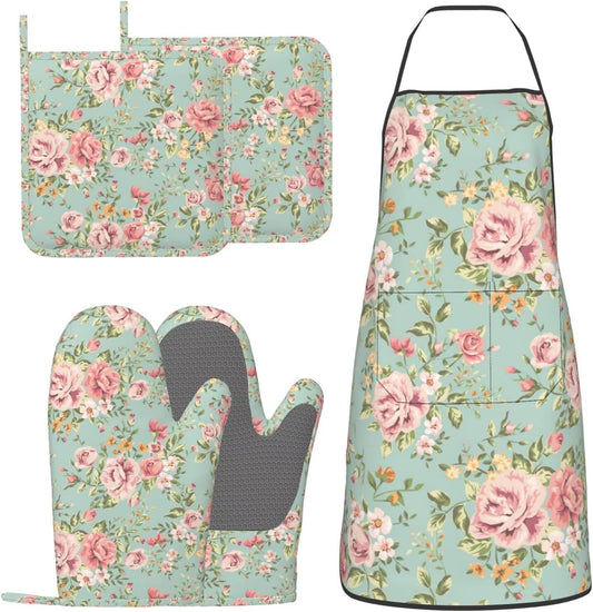 Oven Mitts and Pot Holders with Apron Set of 5 Silicone Kitchen Mitts Apron Pot Holder Set Oven Gloves Hot Holders