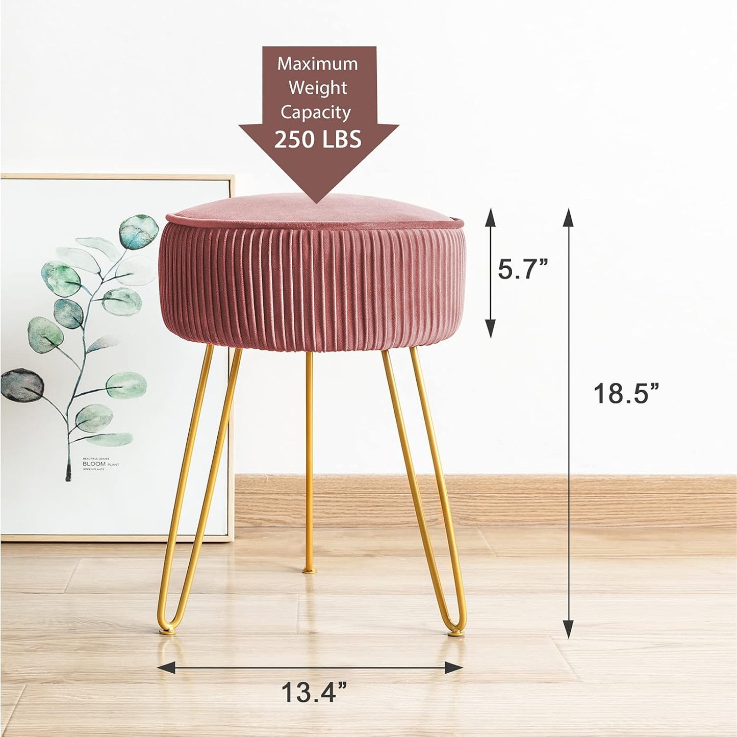 LUE BONA Velvet Vanity Stool for Makeup Room, Modern Ottoman Footrest with Metal Legs, Pink