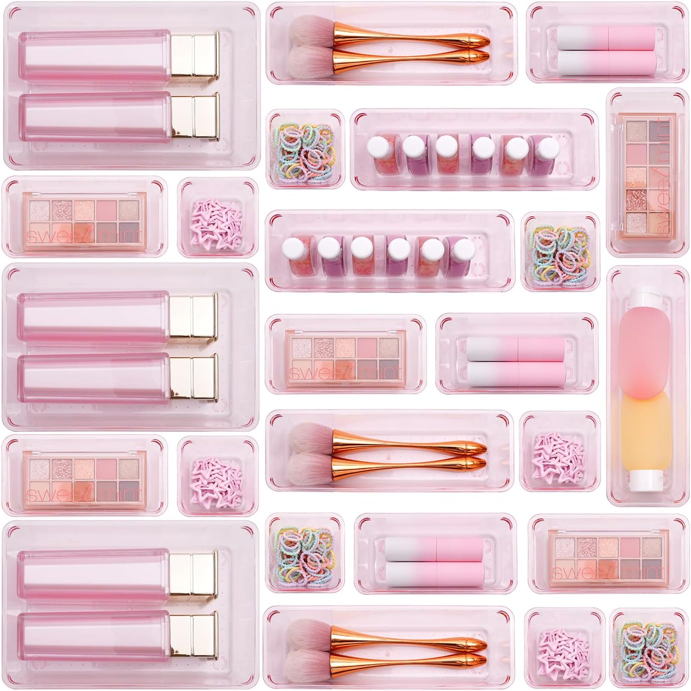 Kitchen Desk Drawer Organizers Storage for Office, Small Acrylic Vanity Trays Makeup Organizer for Drawer Bathroom Plastic Make up Organizers 25 Pcs Pink