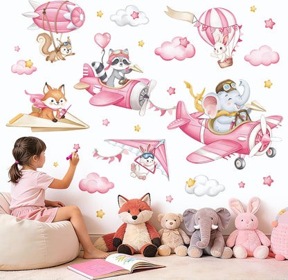 decalmile Pink Airplane Animals Wall Stickers Elephant Fox Rabbit Hot Air Ballon Wall Decals Baby Nursery Kids Bedroom Playroom Wall Decor