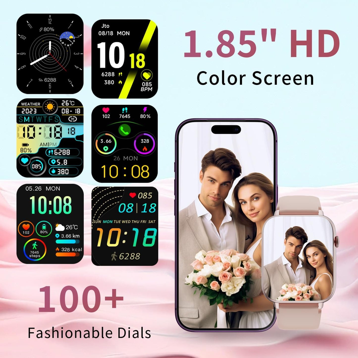 Smart Watch for Women, 1.85" HD Touchscreen Smartwatches with Message Call Function, 100+ Sports Modes IP68 Fitness Tracker, 24/7 Heart Rate/Sleep Monitor Fitness Watch for Android iOS Pink(2025)