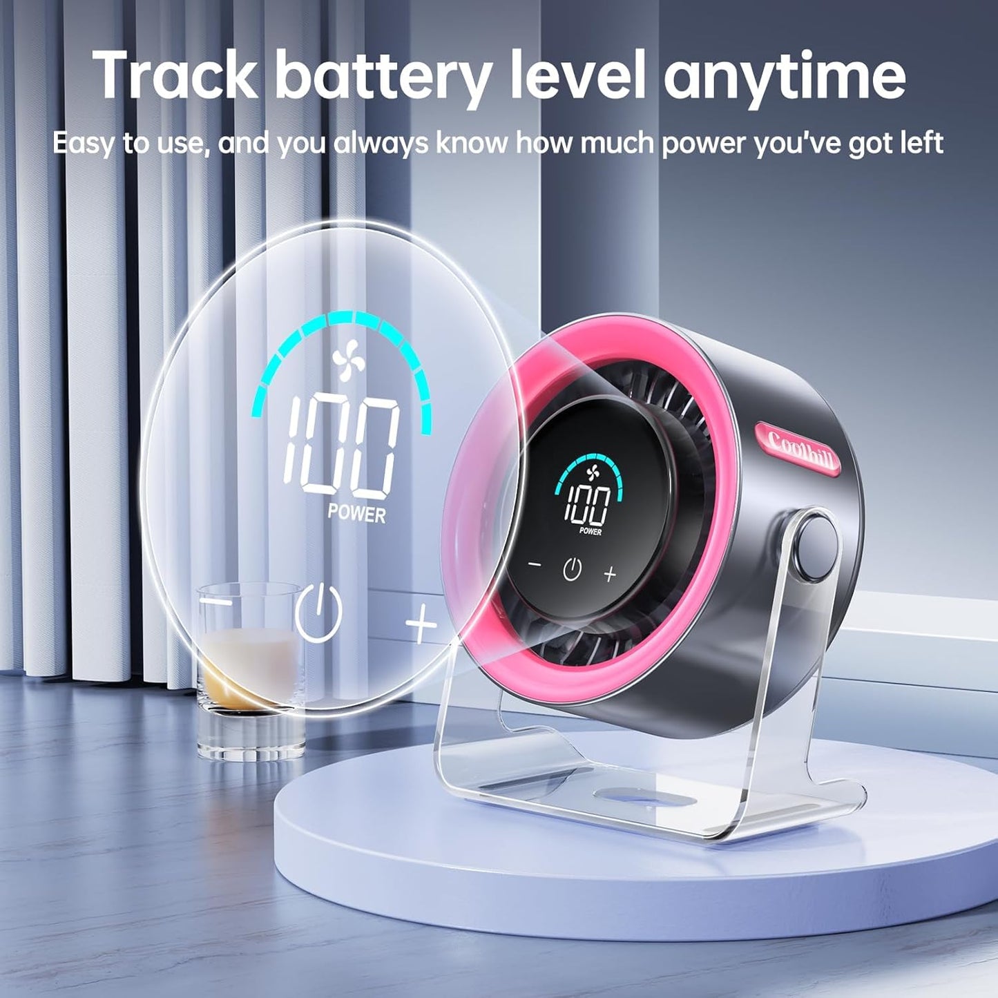 USB Desk Fan for Bedroom: 100 Speeds Digital Display Quiet Portable Fan with Turbo Airflow, 120° Rotating Small Rechargeable Battery Desktop & Wall-Mounted Fans for Bedroom Home Office