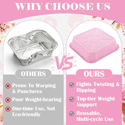 SHUESS 35 Pcs Aluminum Pans, 8x8 Inch Aluminum Pans with Lids, Mini Cake Pans Set, Small Square Pink Foil Baking Pans with Lids, Spoons and Stickers for Oven, Air Fryer, Cake, Vegetables, Brownie