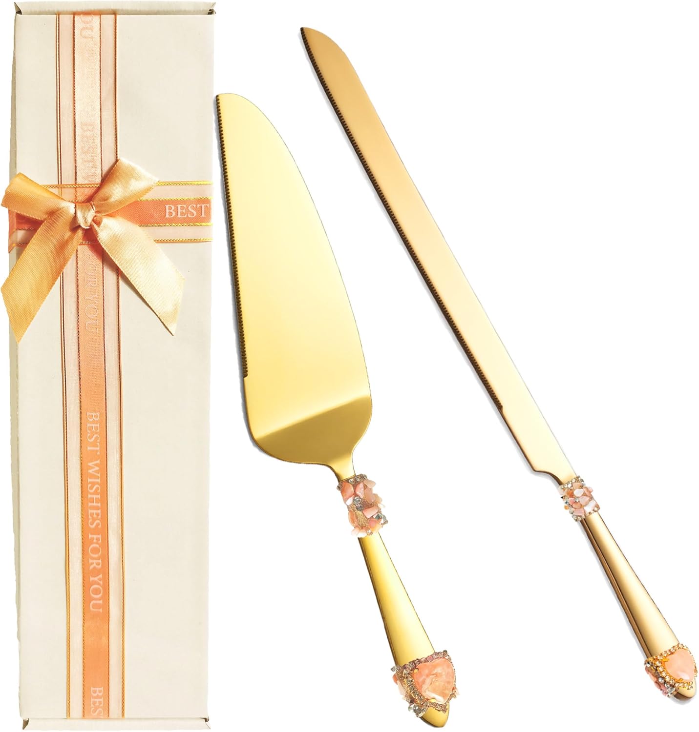 Handcrafted Luxury Gold Wedding Cake Knife and Server Set – Stainless Steel with Crystal & Gemstone Embellished Handles, Gift for Wedding, Anniversary, Engagement, Bridal Shower (pink)