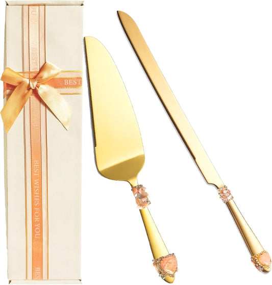 Handcrafted Luxury Gold Wedding Cake Knife and Server Set – Stainless Steel with Crystal & Gemstone Embellished Handles, Gift for Wedding, Anniversary, Engagement, Bridal Shower (pink)