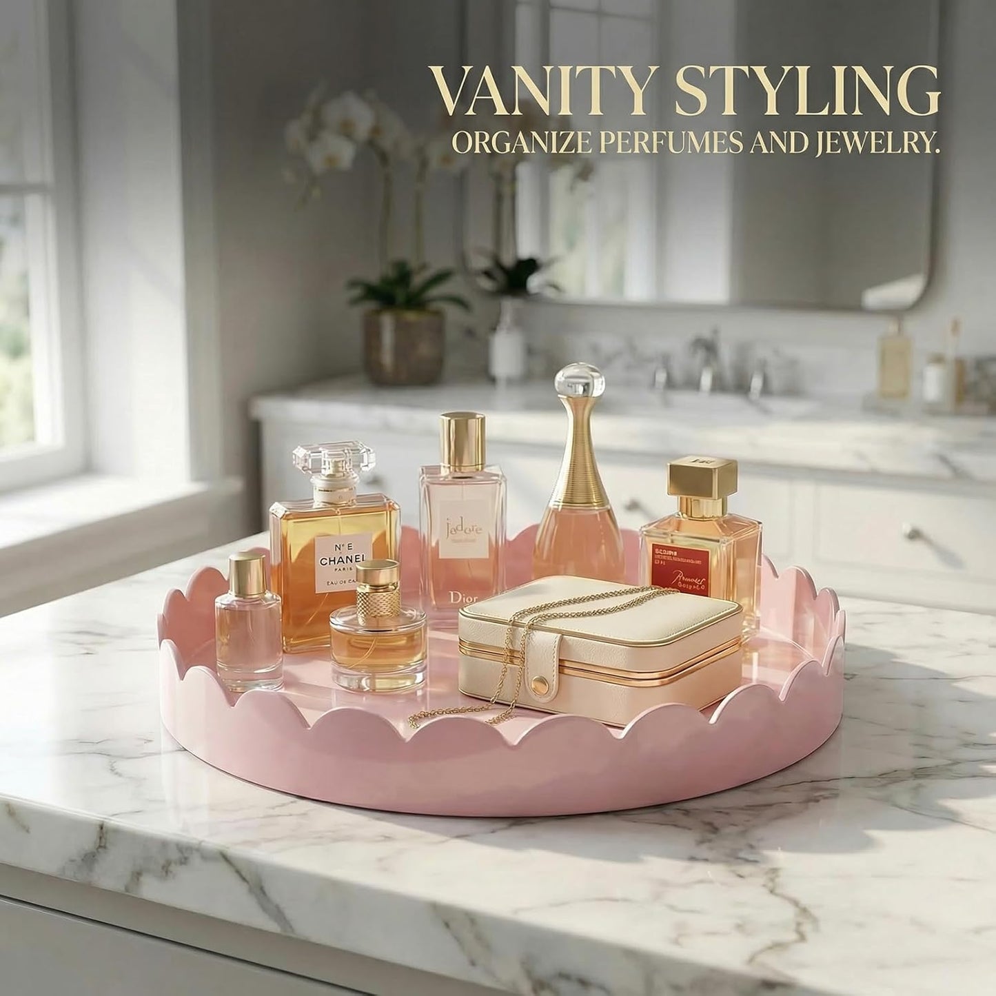 Gesodant 13" Round Scalloped Decorative Tray for Coffee Table Decor, Candle & Perfume Tray, Dining Table Centerpiece & Aromatherapy Candle Display, Modern Glossy Lacquer Look (Pink)