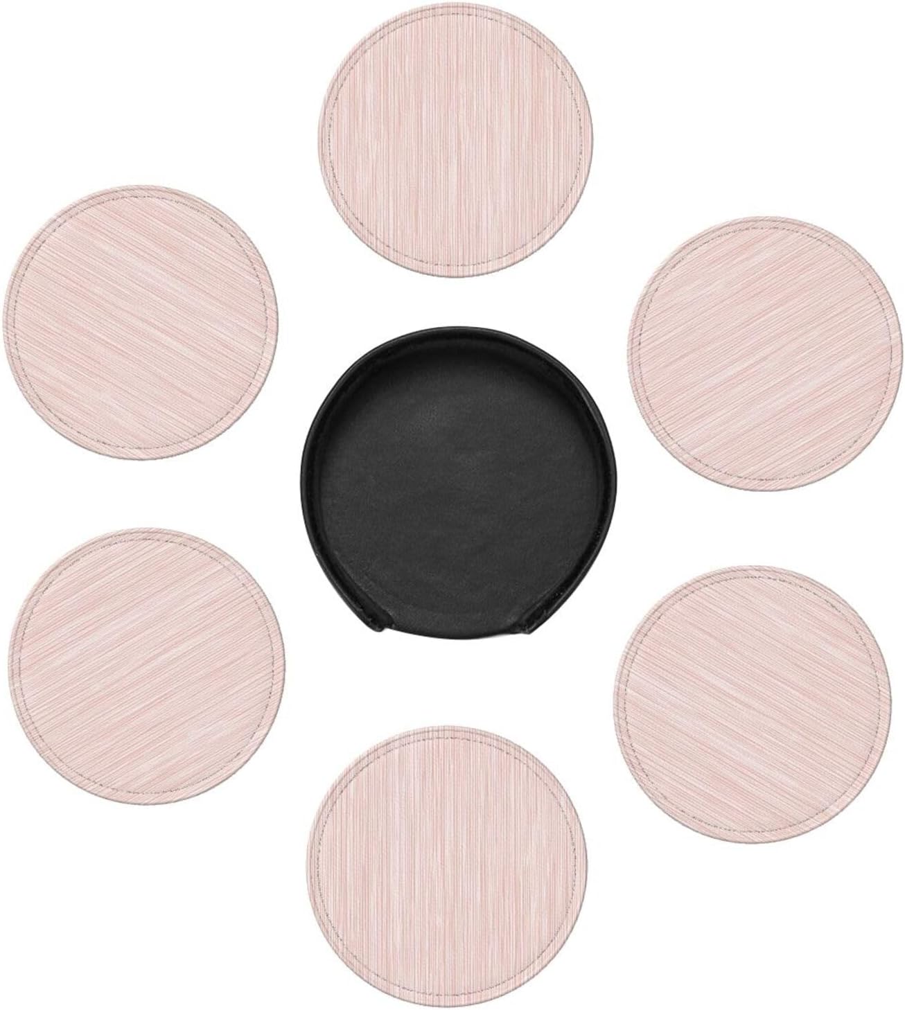 Light Pink Pastel Pattern Subtle Vertical Stripes Premium Leather Coasters, Set of 6 with Holder, Stylish Beverage Coasters for Kitchen Coffee Bar