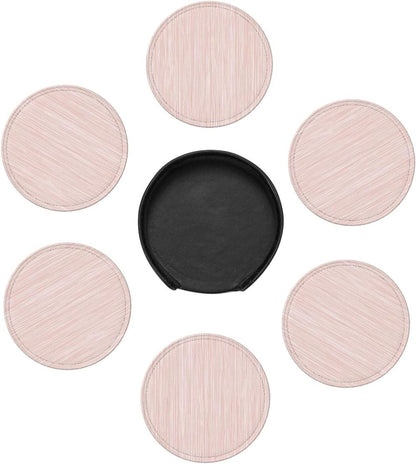 Light Pink Pastel Pattern Subtle Vertical Stripes Premium Leather Coasters, Set of 6 with Holder, Stylish Beverage Coasters for Kitchen Coffee Bar